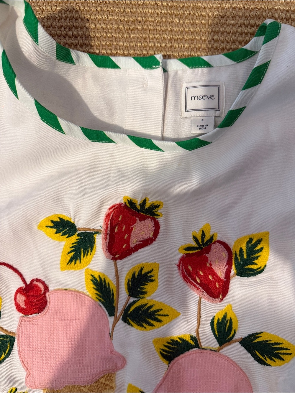 Maeve embroidered shell tank Top with Pink Ice Cream and Red Strawberry Motif